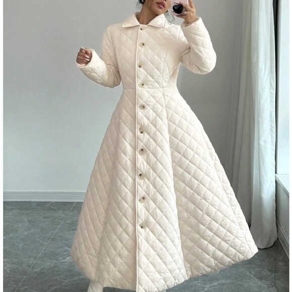 Euro Style Elegant Quilted Button Front Slant Pocket Long Padded Coat - Picture 3 of 11